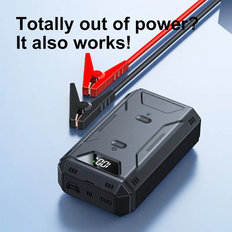 Portable car jump starter device with red and black jumper cables