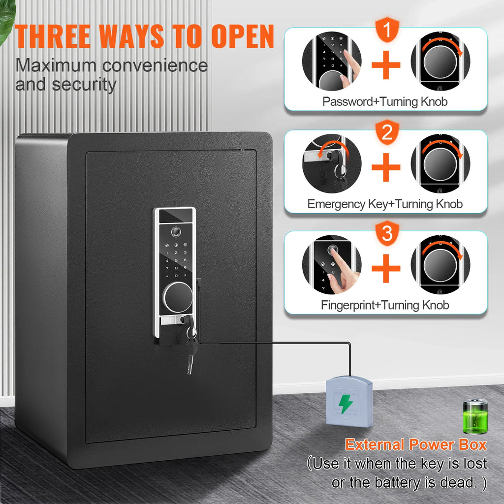 Infographic showing three ways to open a digital security safe using a password, key, or fingerprint.