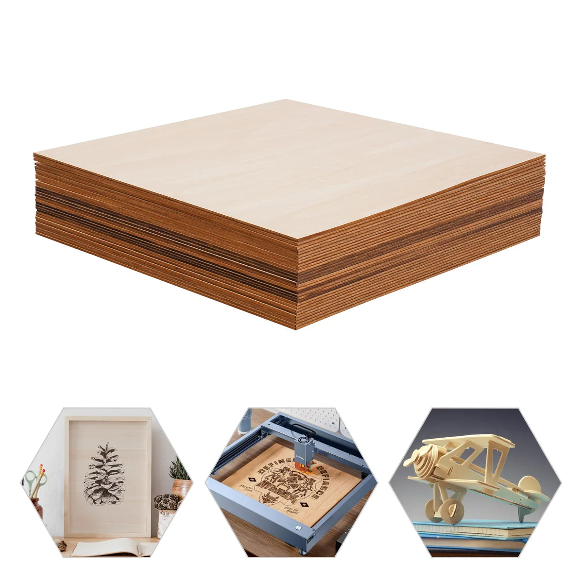 A stack of square wooden basswood boards with examples of crafts made from them