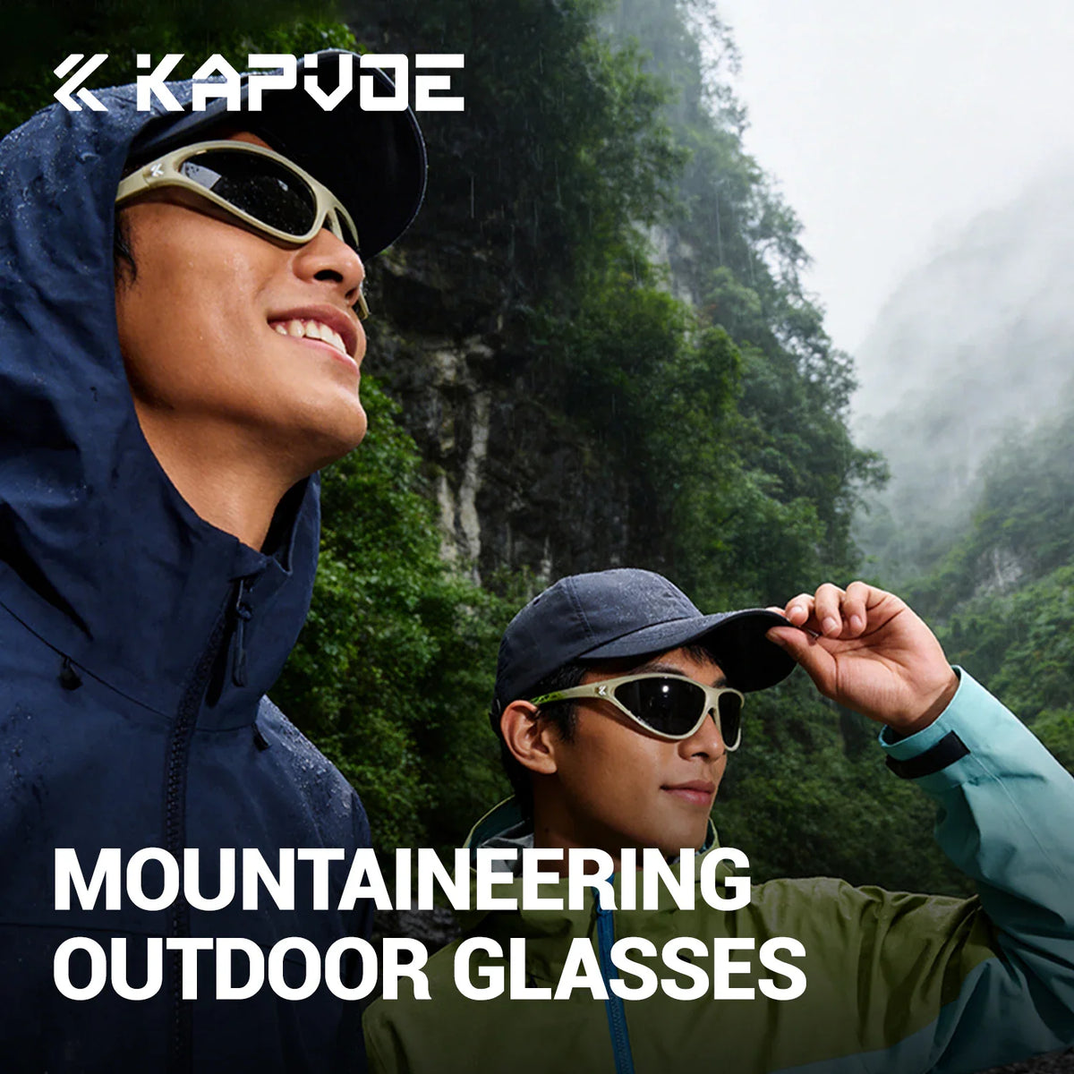 Two men wearing sports sunglasses during mountaineering outdoors