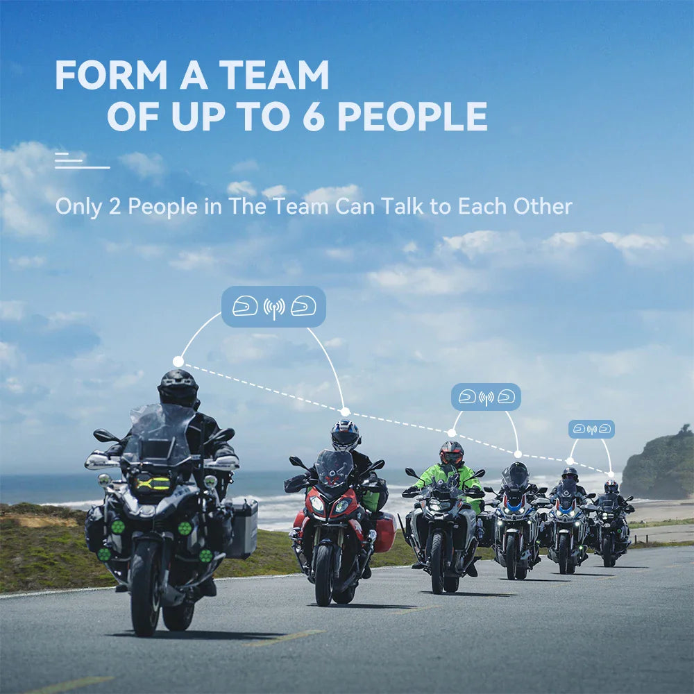 Group of motorcyclists riding on a road with communication icons showing team connection.