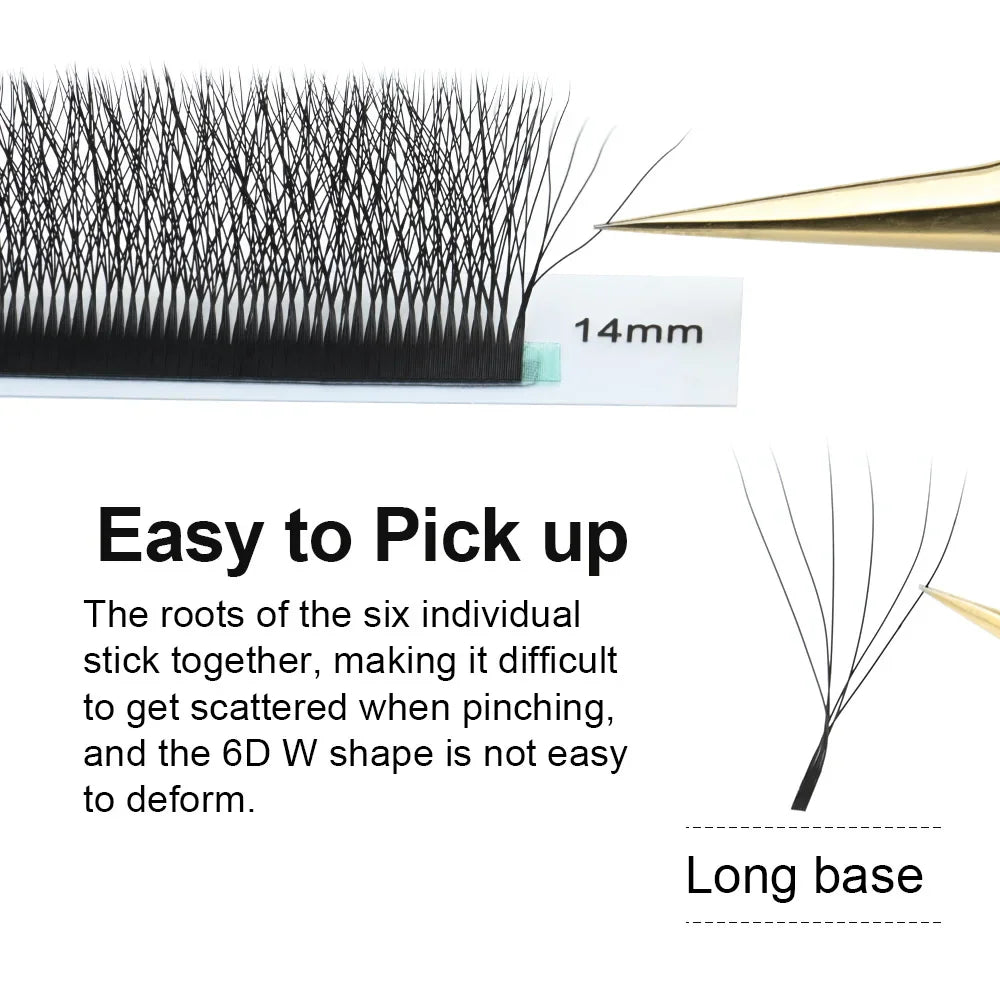 6D W-shape premade fan eyelashes showing long base for easy application
