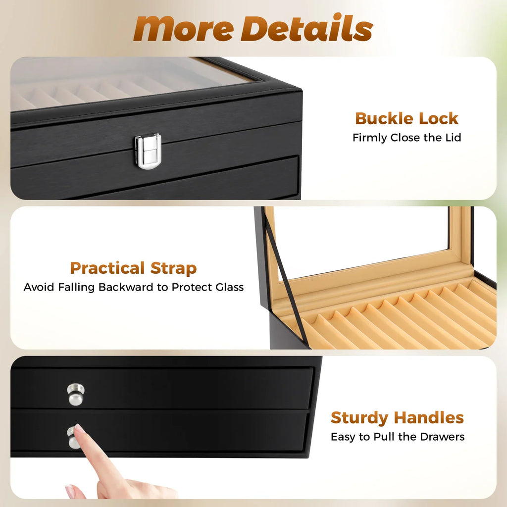 Collage highlighting the lock, lid strap, and drawers of a 36-slot pen organizer box.