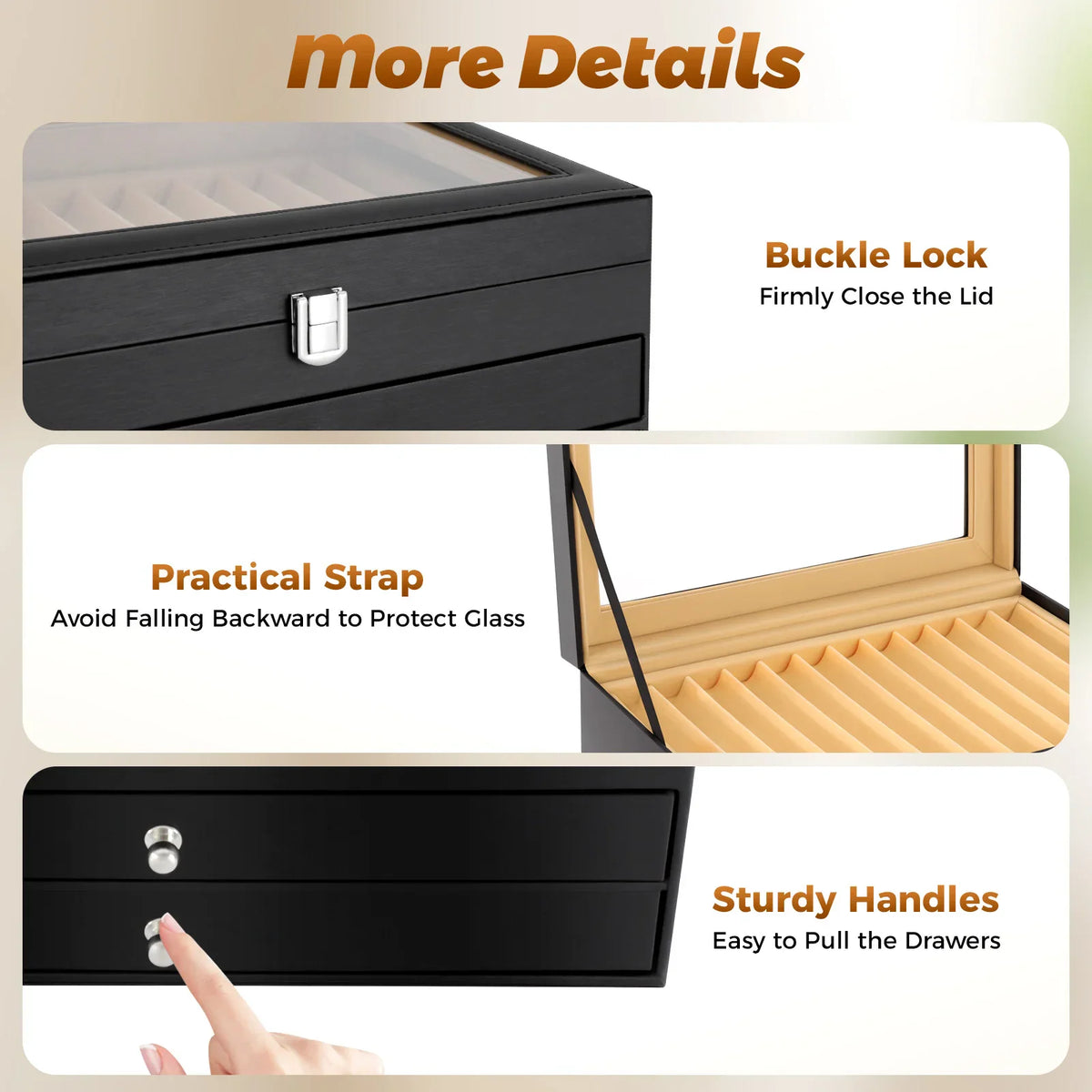 Collage highlighting the lock, lid strap, and drawers of a 36-slot pen organizer box.