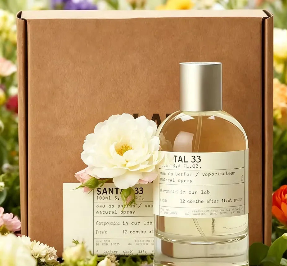 A glass bottle of scented perfume spray with a label, presented with a white rose in front of a cardboard box.