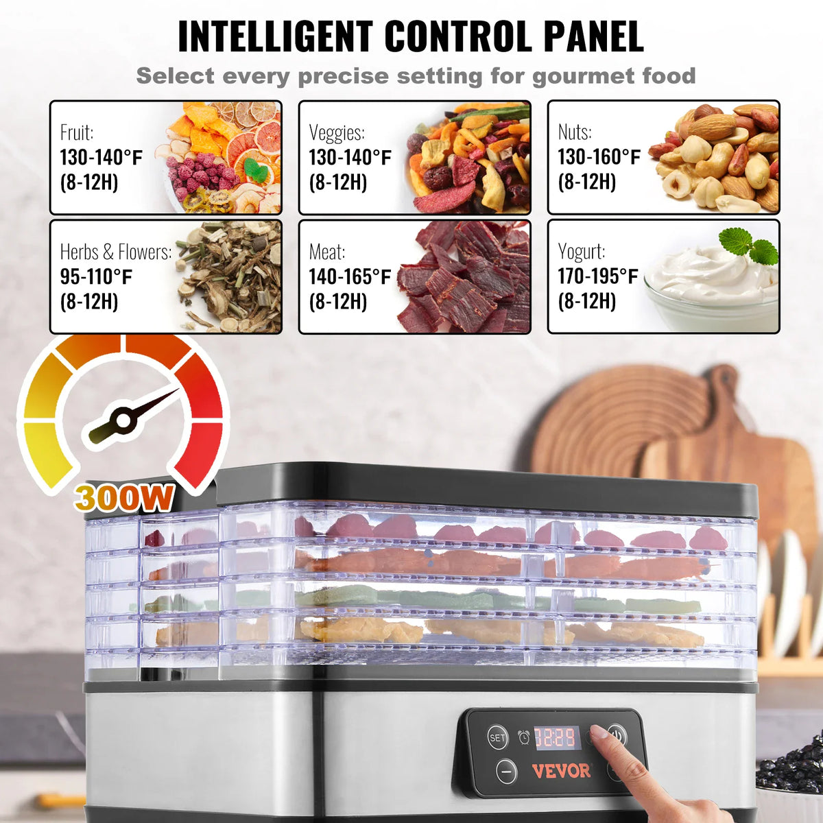 Food dehydrator control panel settings guide for fruits, vegetables, nuts, herbs, meat, and yogurt