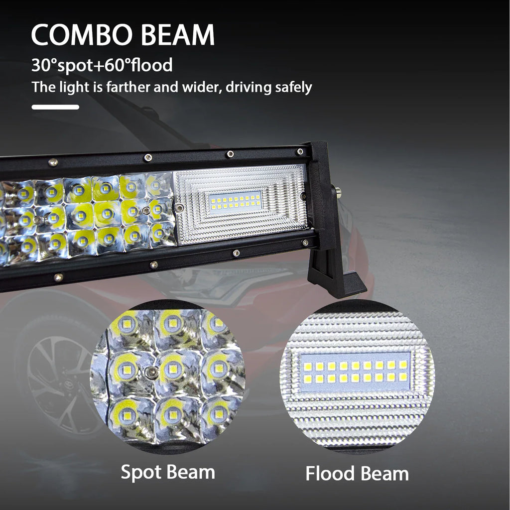 LED light bar showing spot and flood beam lighting patterns