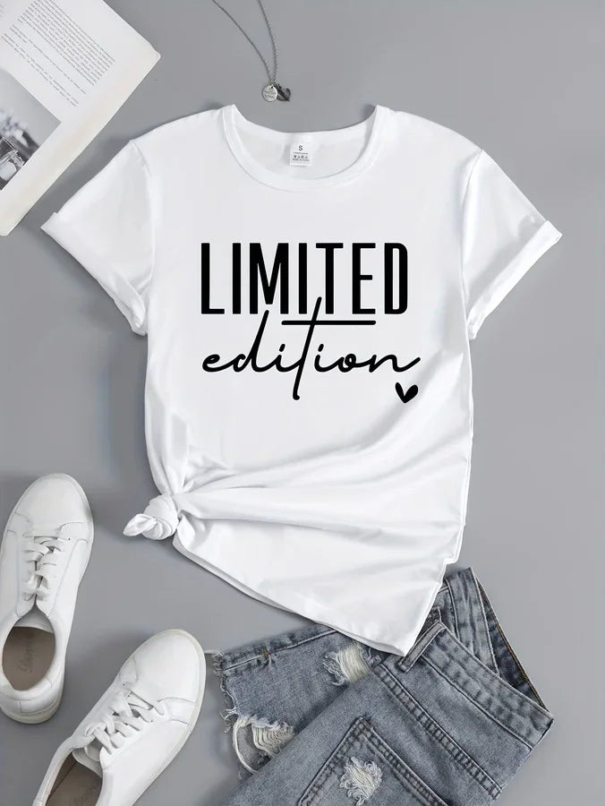 White women's round neck t-shirt with Limited Edition text and heart graphic