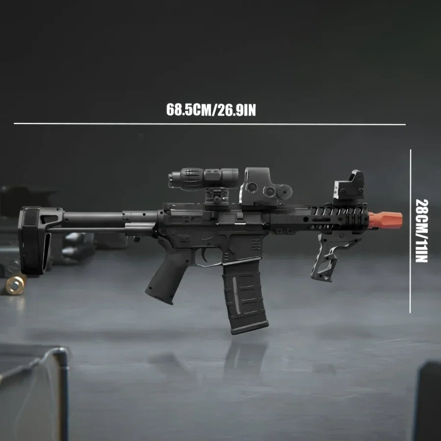 Black electric gel ball blaster rifle with dimensions displayed in text