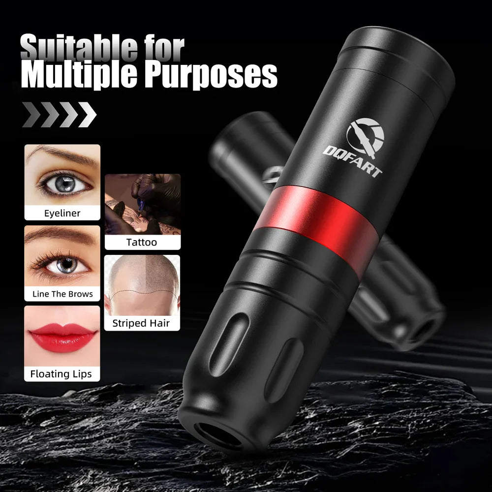 Wireless tattoo machine shown next to small panels illustrating eyeliner, brow, and lip procedures.