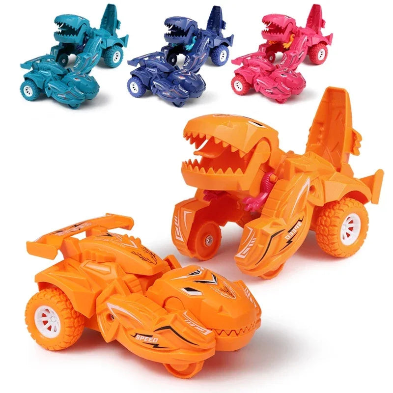 Group of colorful dinosaur transforming car toys in car and dinosaur modes