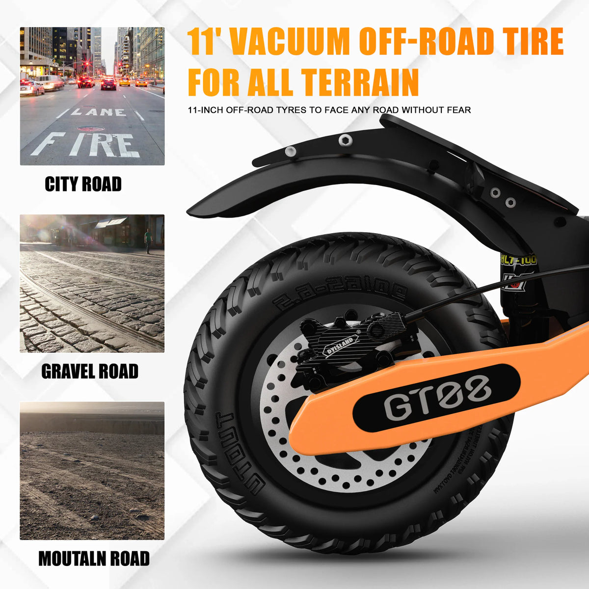Electric scooter off-road tire detail shown on city, gravel, and mountain terrain