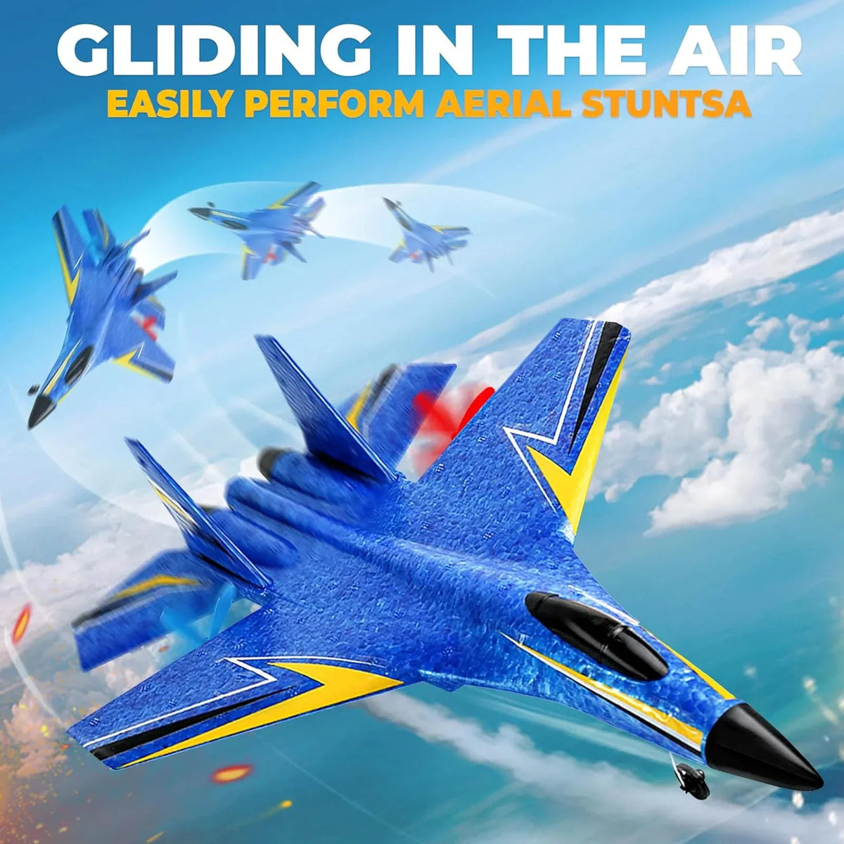 Blue foam RC fighter jet gliding in the air with motion blur effect