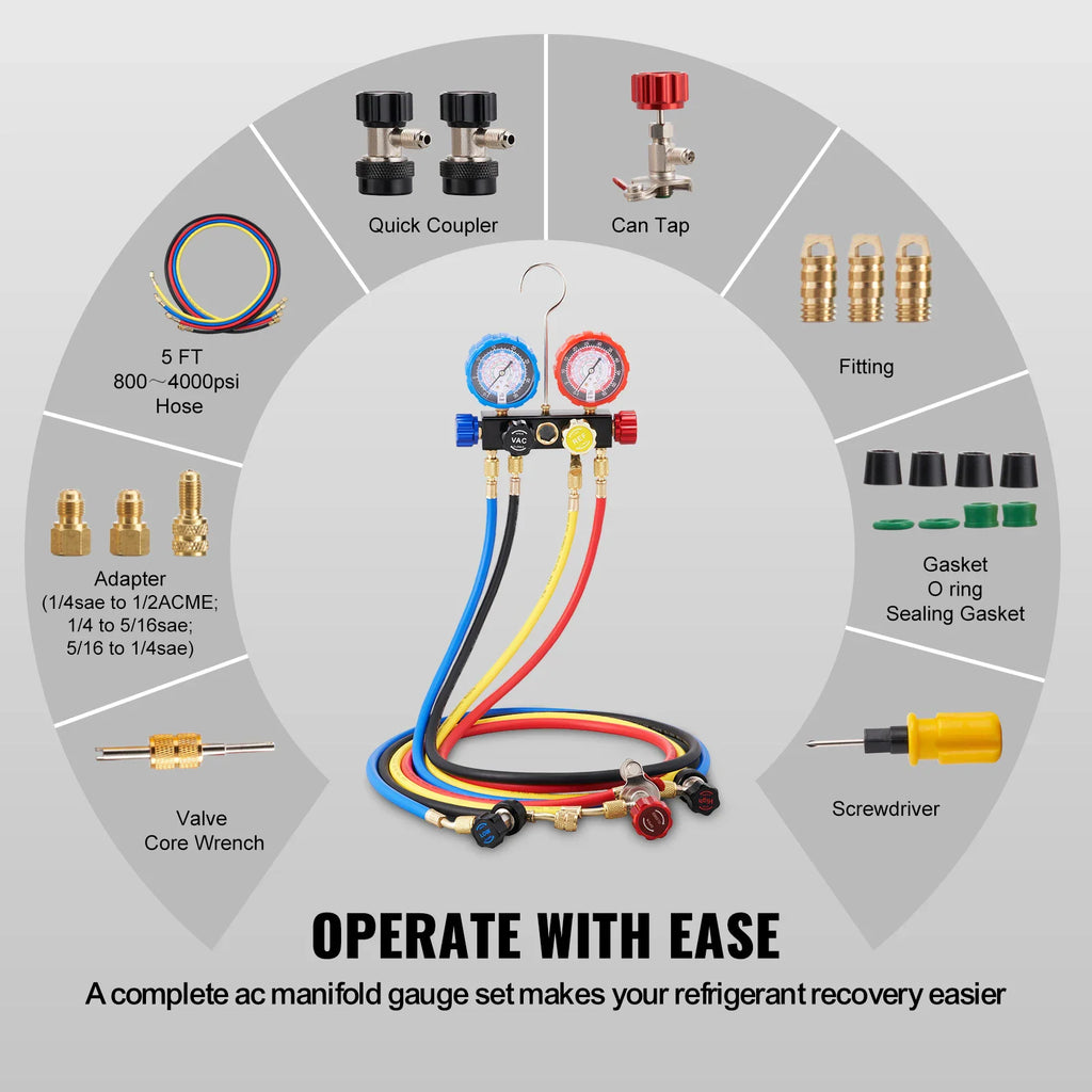 Comprehensive set of ac manifold gauge tools including hoses, couplers, adapters, and accessories laid out for display