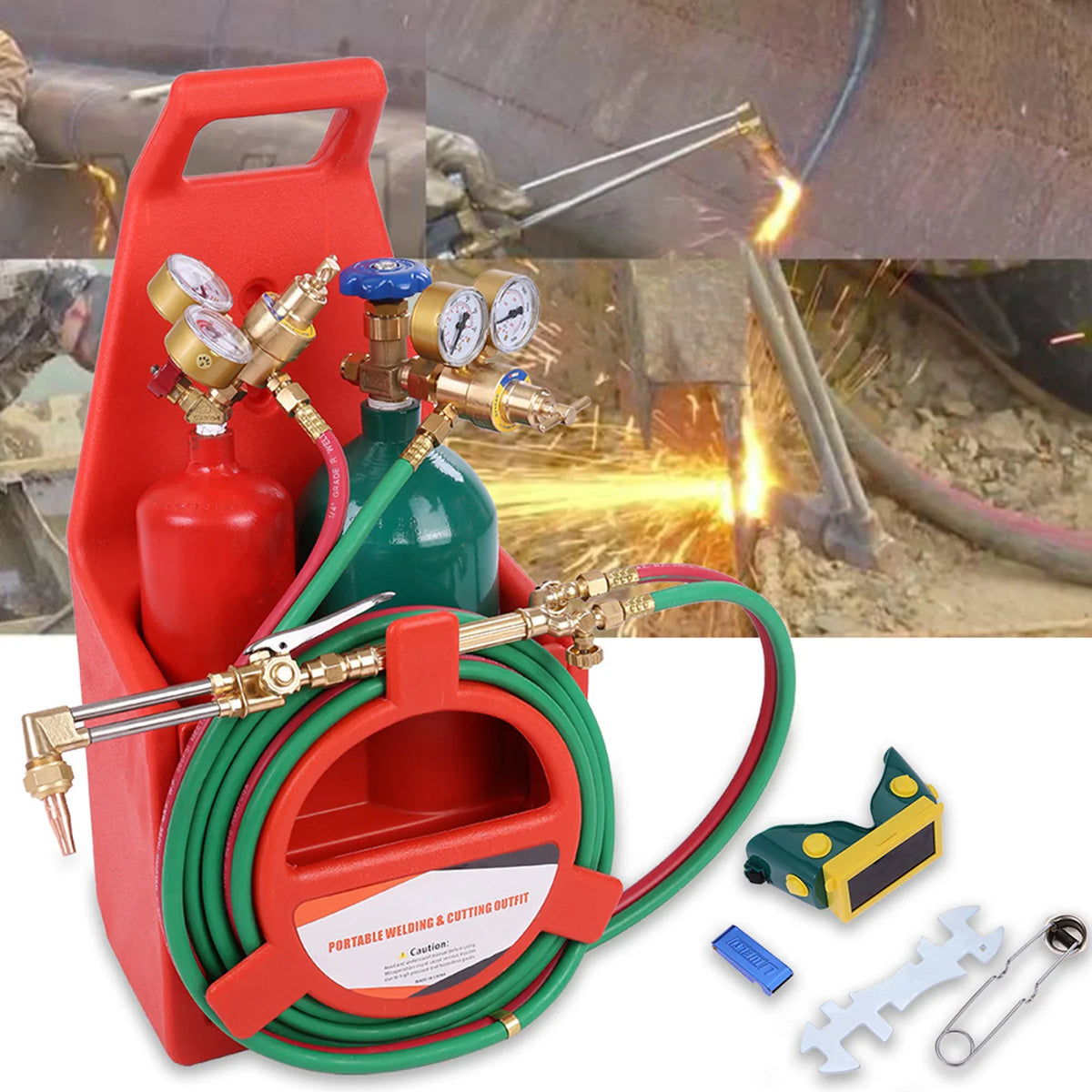 Composite photo showing welding and cutting tool kit and its use in metalworking