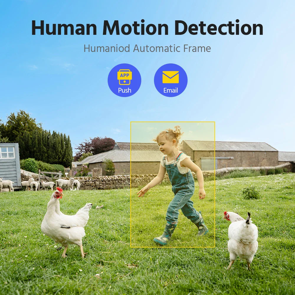 A security camera view of a child in a field with motion detection highlighting