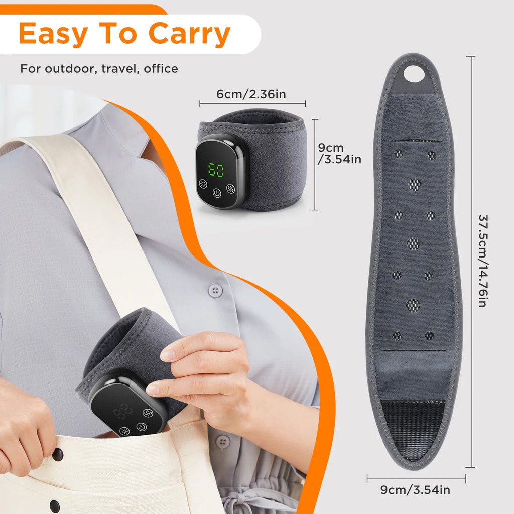 Portable wrist heating massager being placed in a bag, with dimensional measurements shown.