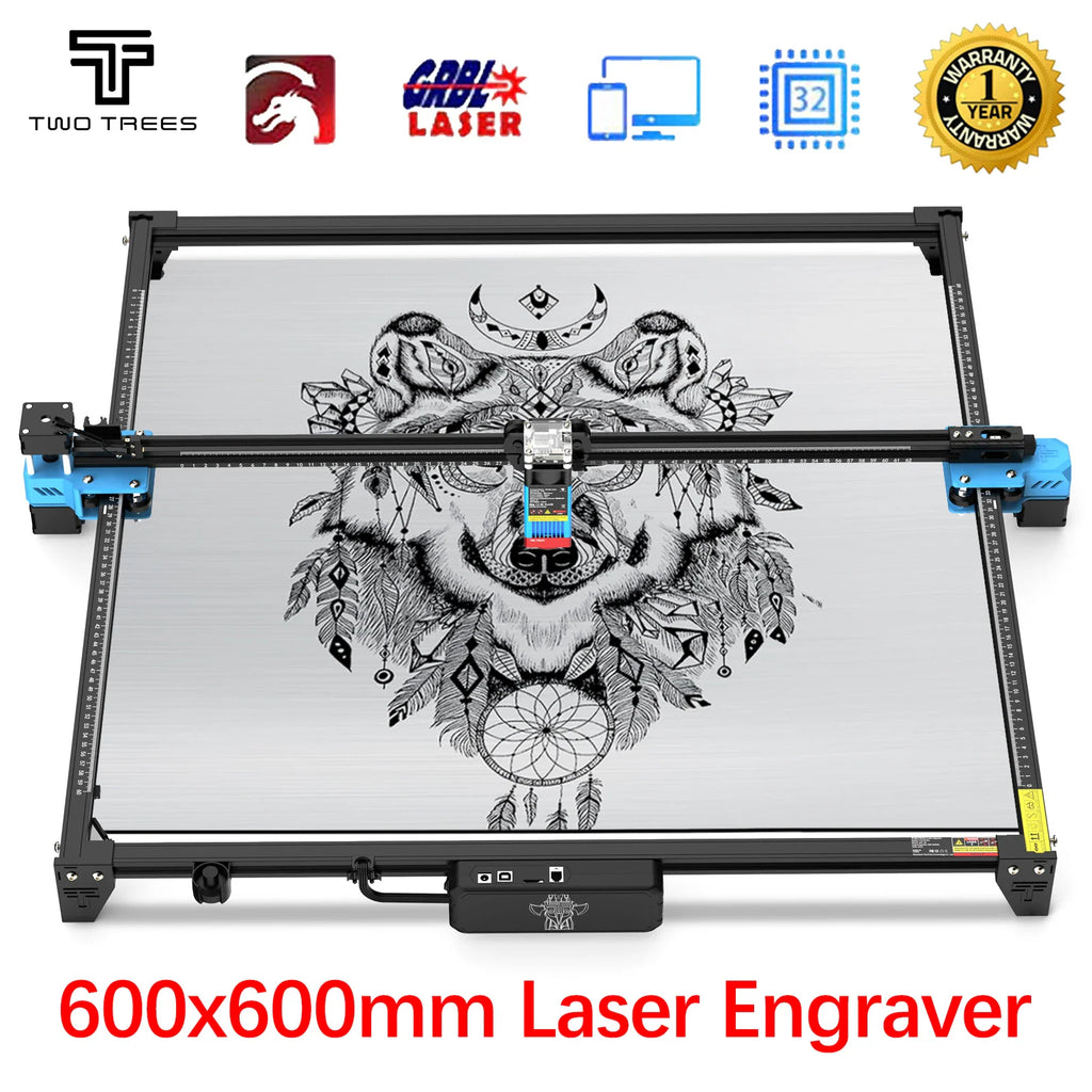Desktop laser engraving machine with large work area and wolf design engraved on metal