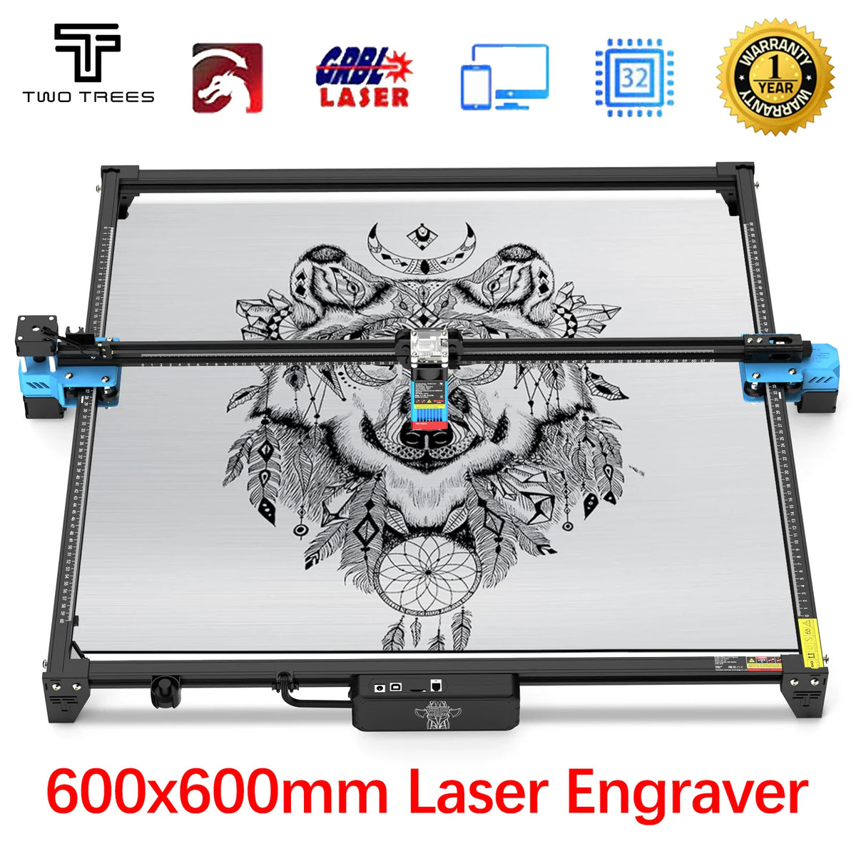 Desktop laser engraving machine with large work area and wolf design engraved on metal