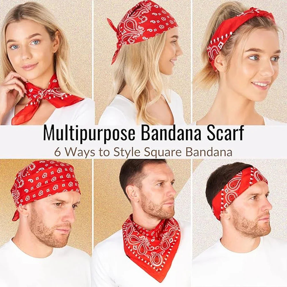 A woman and a man modeling a red paisley bandana worn in six different styles around the head and neck.