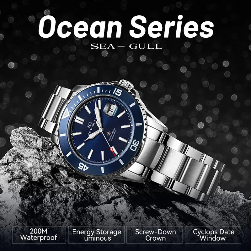 Blue dial automatic diver watch on rock background with feature labels