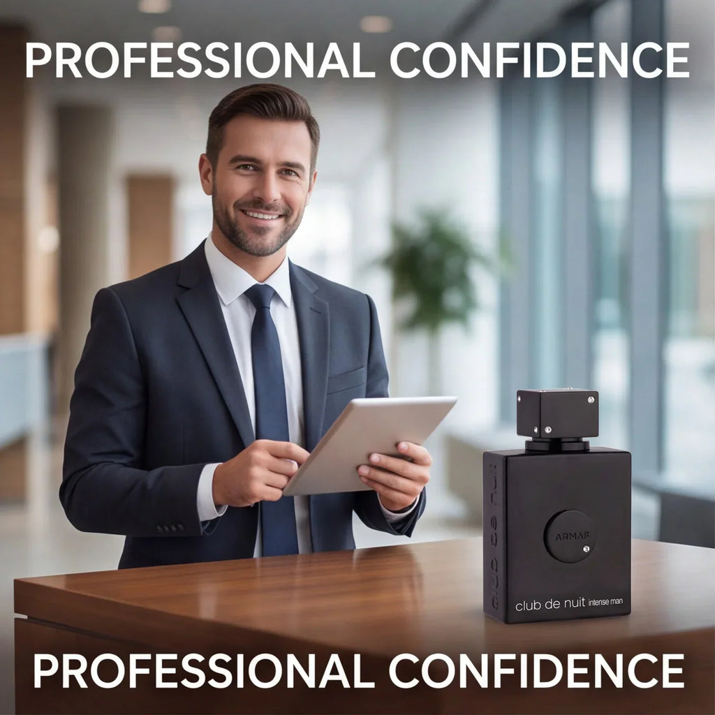 A smiling businessman holding a tablet next to a black cologne bottle