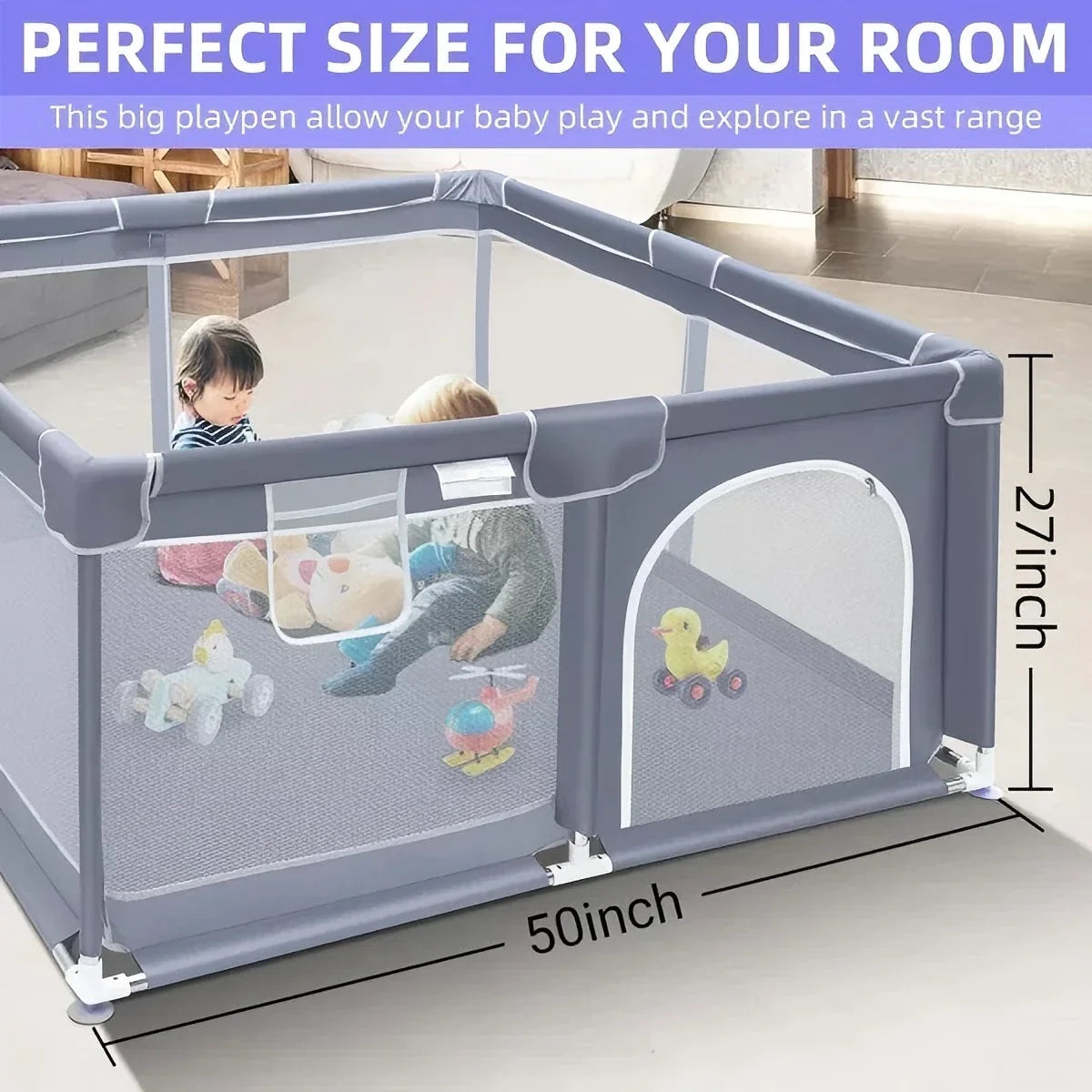 Extra large grey mesh baby playpen, 50 inches wide by 27 inches high, with babies and toys inside