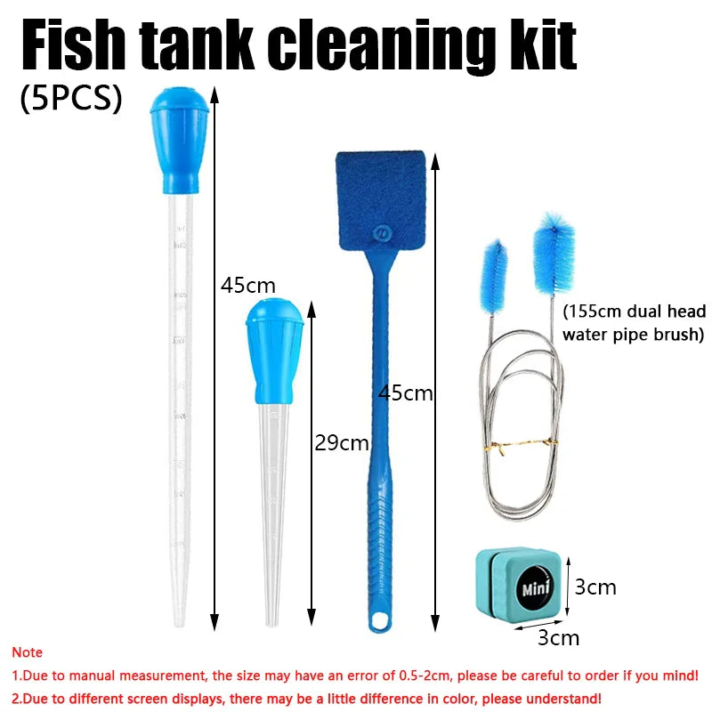 Aquarium cleaning tool set featuring pipettes, brushes and magnetic cleaner