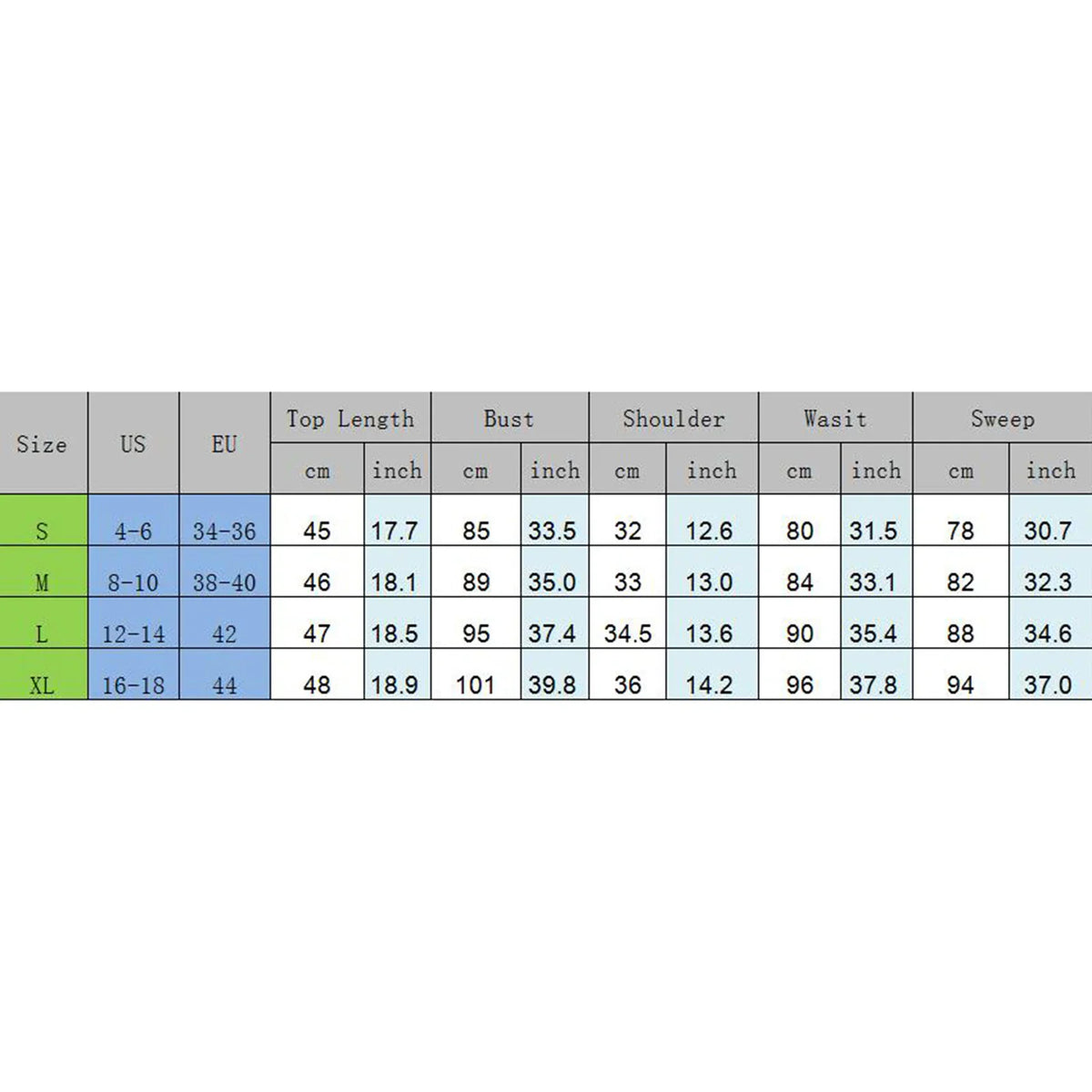 Size guide table for women's tops with measurements in centimeters and inches