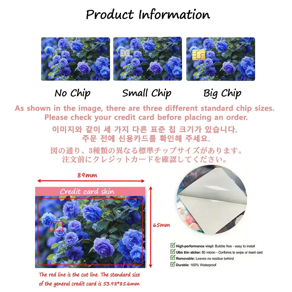 A diagram showing how to apply a card skin, with instructions for different chip sizes.