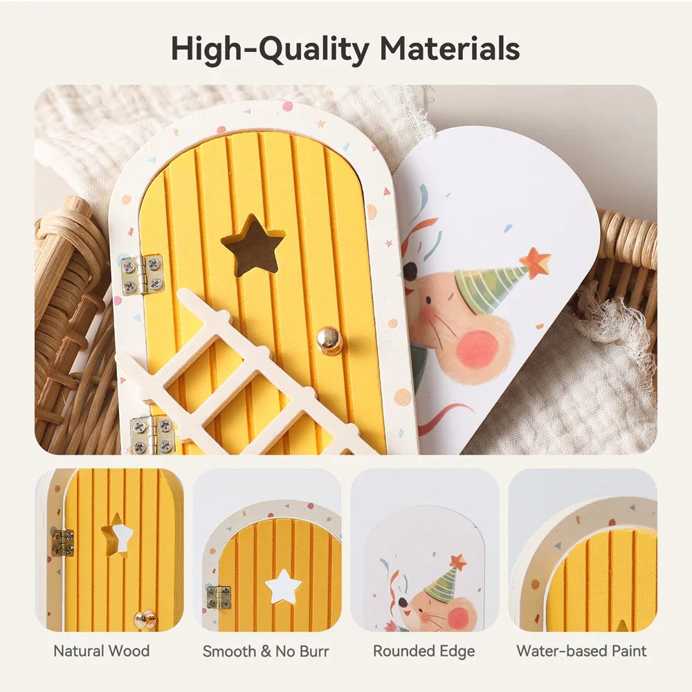 Close-up details of miniature wooden fairy door materials and construction