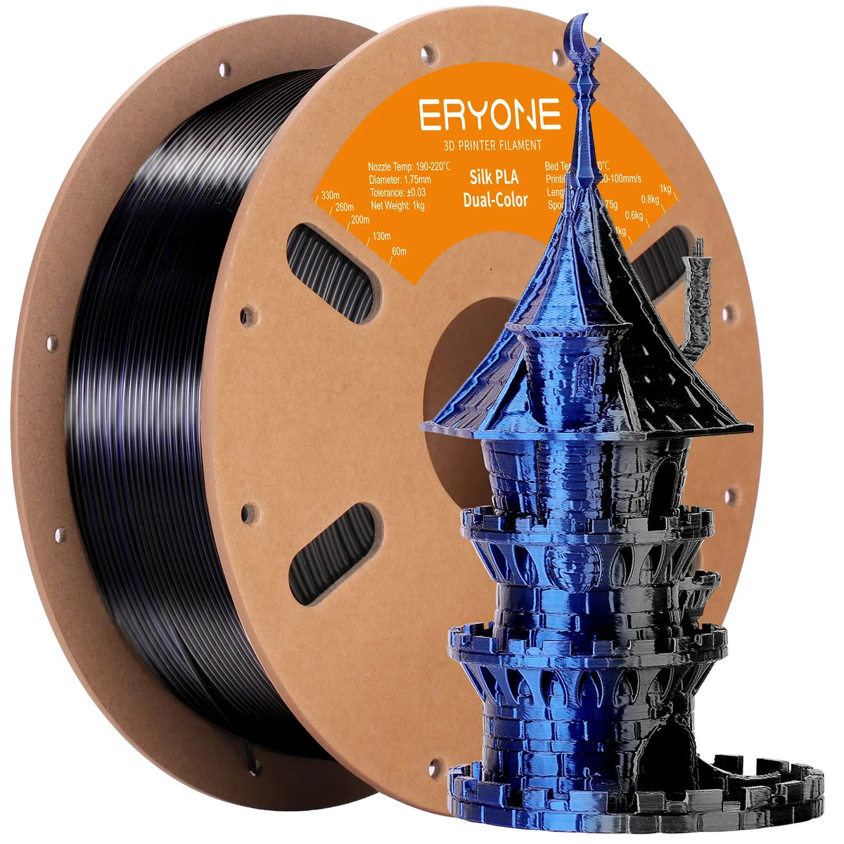 3D printer filament spool with a black and blue dual-color finish, showcasing a castle 3D-printed model
