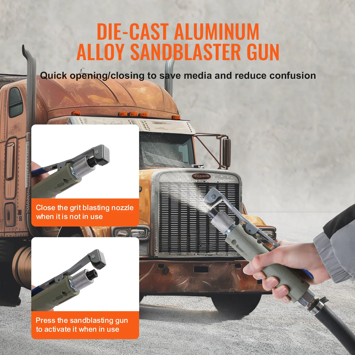 Die-cast aluminum alloy sandblaster gun for surface cleaning with operation instructions