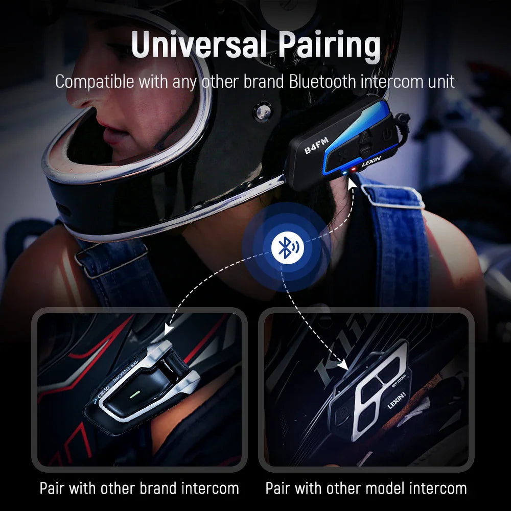 Close-up of a person wearing a helmet with a Bluetooth intercom, demonstrating universal pairing compatibility