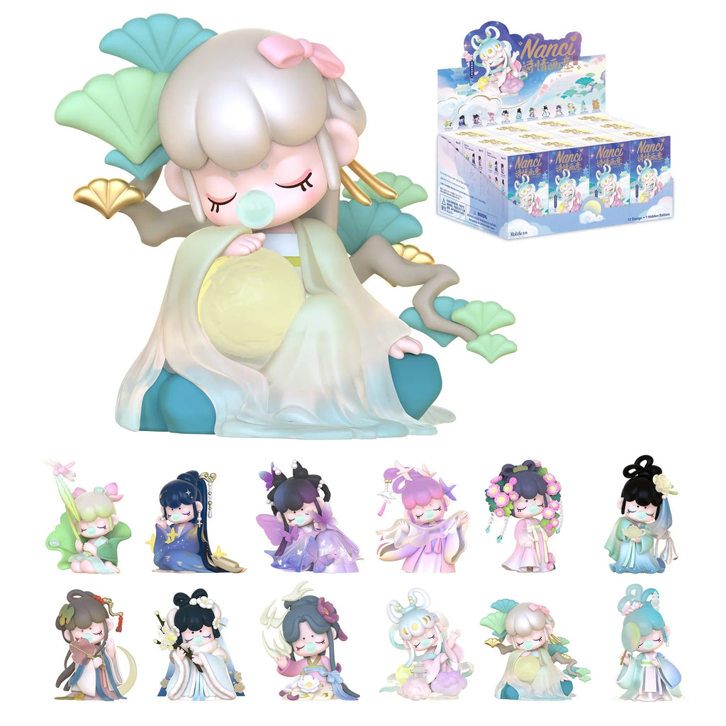 A collection of Nanci mystery blind box toy figurines inspired by Chinese classical aesthetics and poetry.