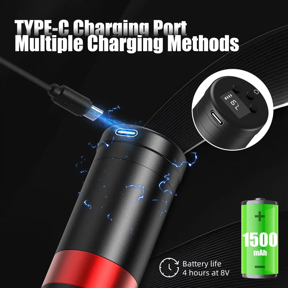 Wireless tattoo machine with a Type-C charging port and 1500mAh battery display.