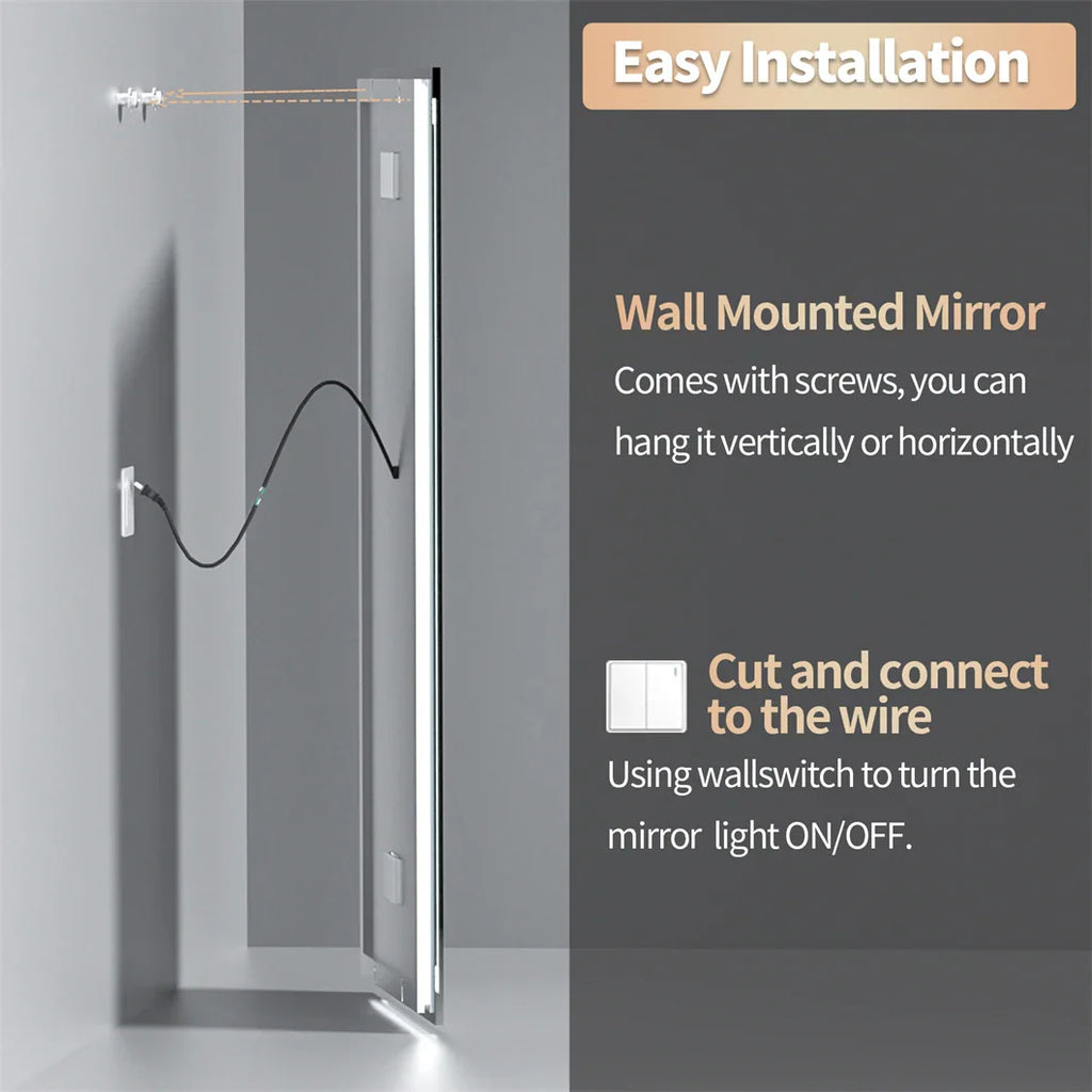 Instructional diagram showing wall-mounted installation of a smart LED mirror with hardwired connection