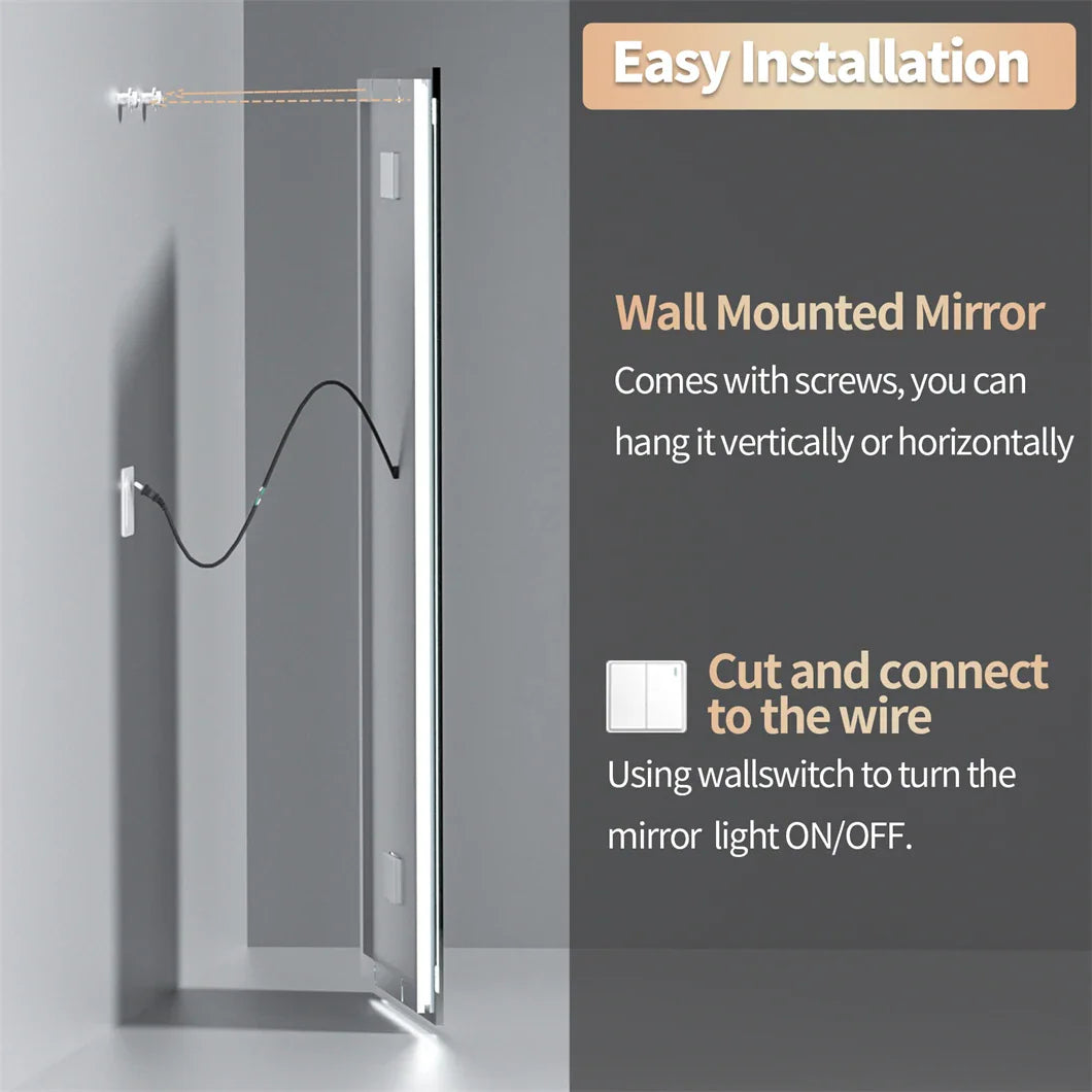 Instructional diagram showing wall-mounted installation of a smart LED mirror with hardwired connection