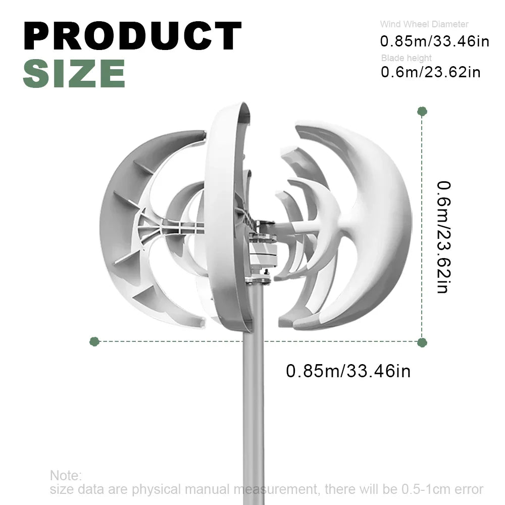 Diagram showing height and diameter dimensions of a vertical axis wind turbine