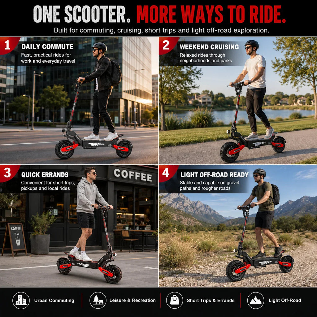 Man using an electric scooter for commuting, leisure, and off-road riding