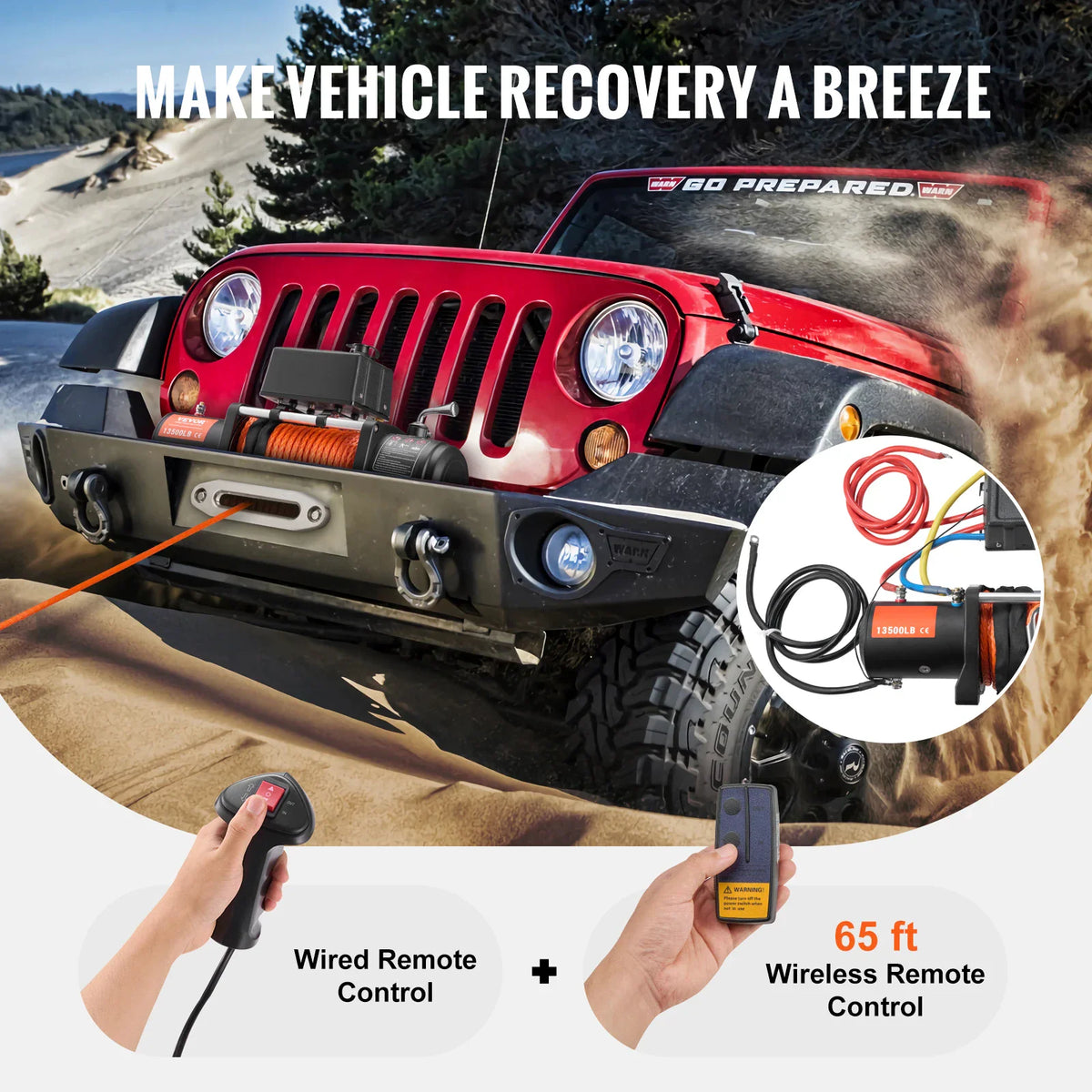Electric winch installed on a red off-road vehicle with wired and wireless remote controls