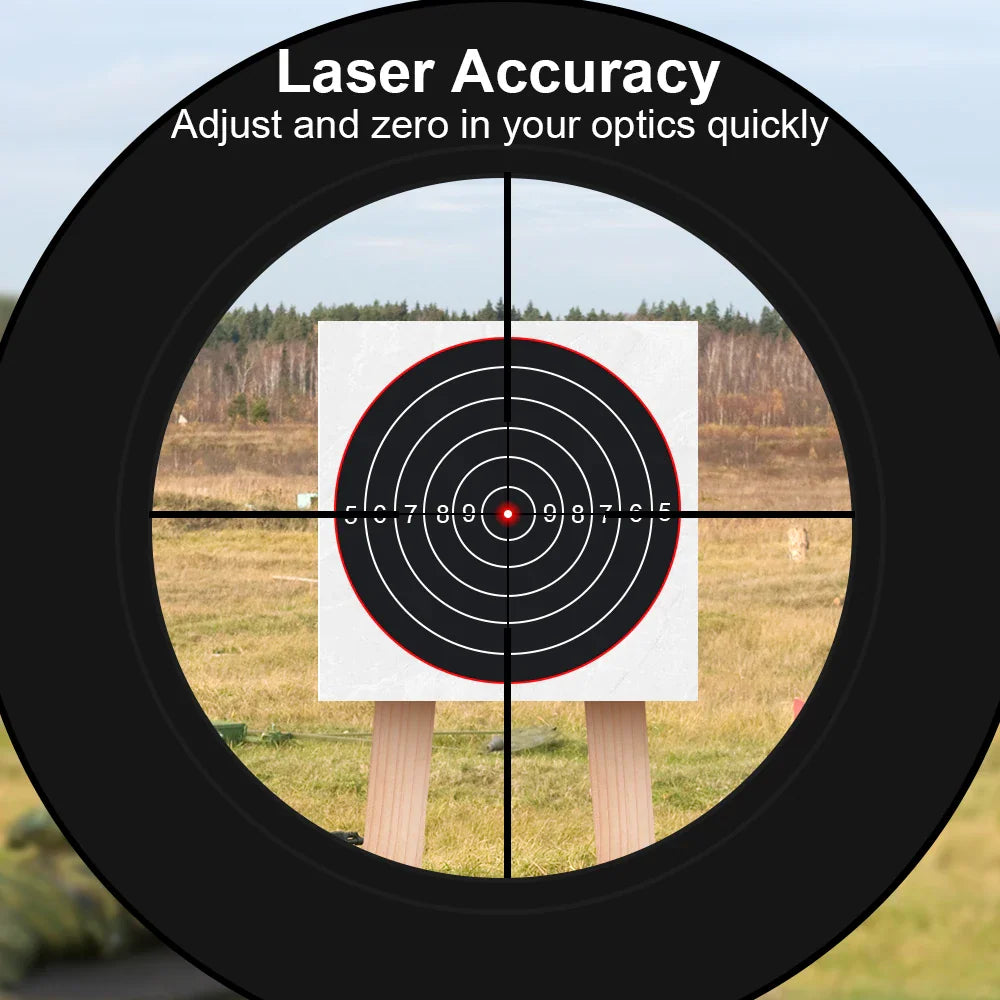 A view through a rifle scope aiming a red laser at a target