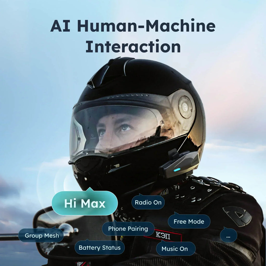 Motorcyclist in a black helmet using voice control features of the intercom