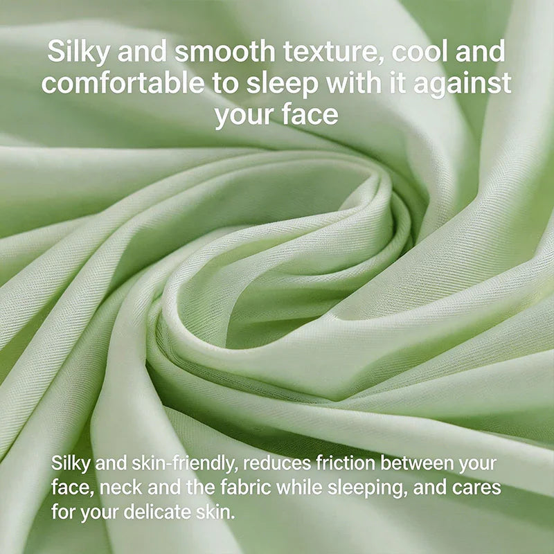 Close up of soft green cooling fabric with text describing its silky texture