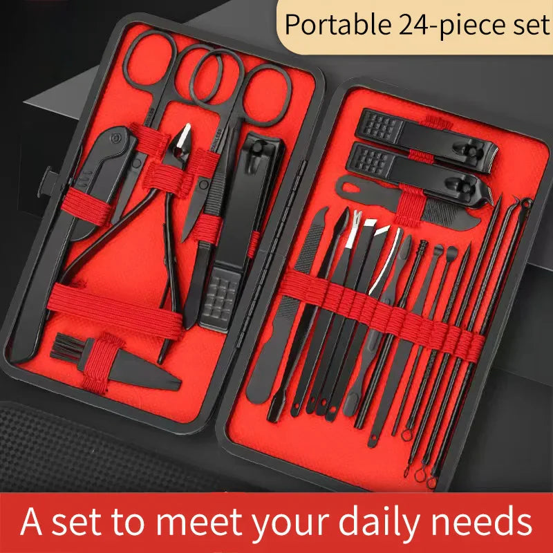 A portable 24-piece black manicure tool kit in an open black case with a bright red interior.