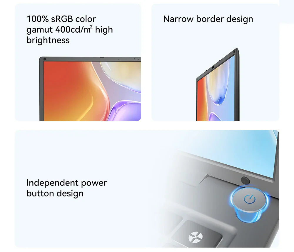 Close-up details of a laptop screen, thin bezels, and the power button.
