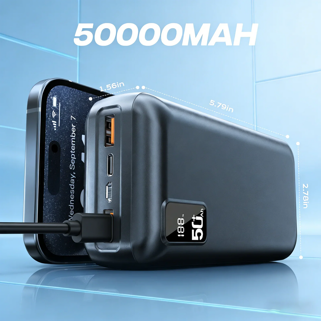 Portable power bank charging a smartphone, showing product dimensions