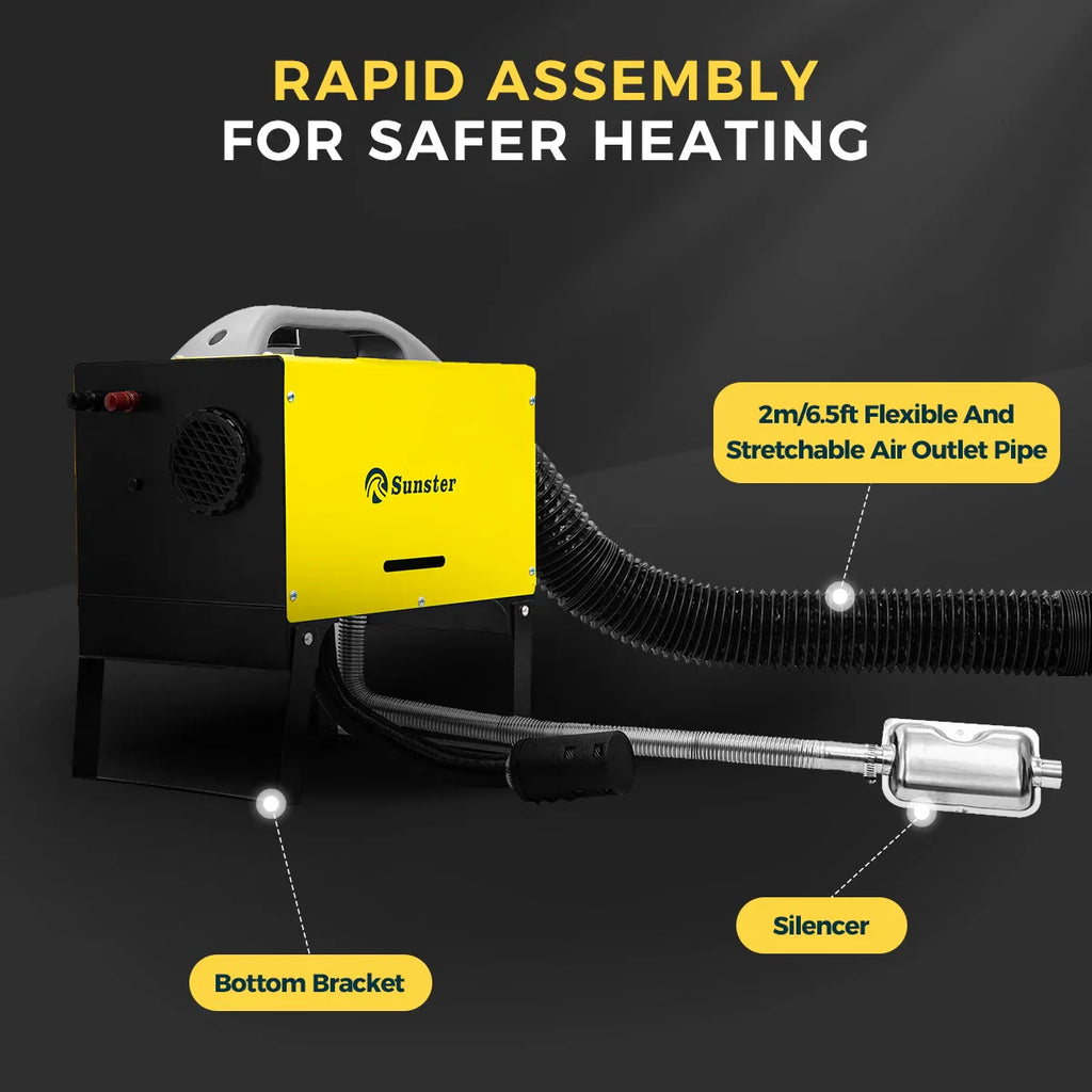 Portable diesel air heater setup with flexible outlet pipe, bottom bracket and silencer