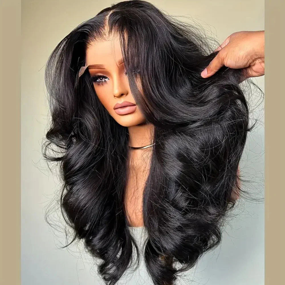 A mannequin head wearing a long black wavy lace front wig.