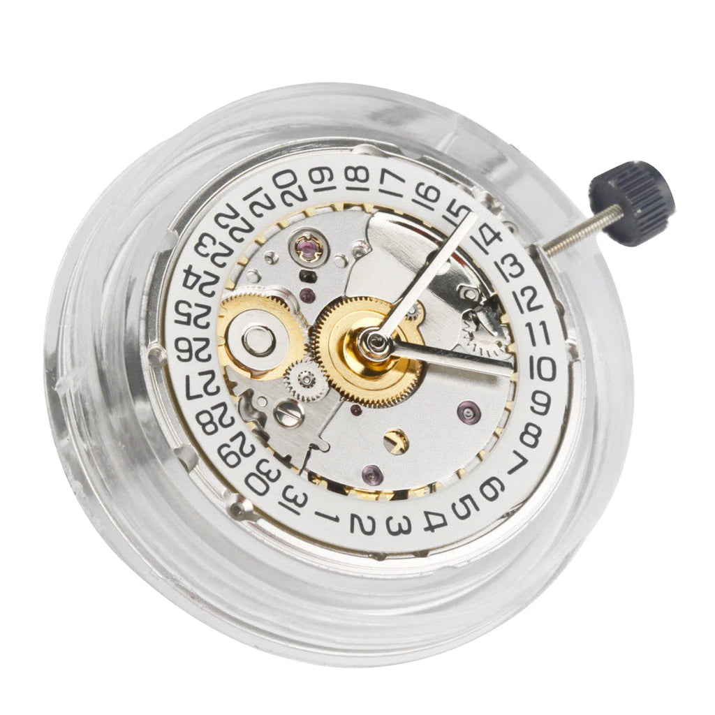 Automatic watch movement with calendar wheel held by tweezers